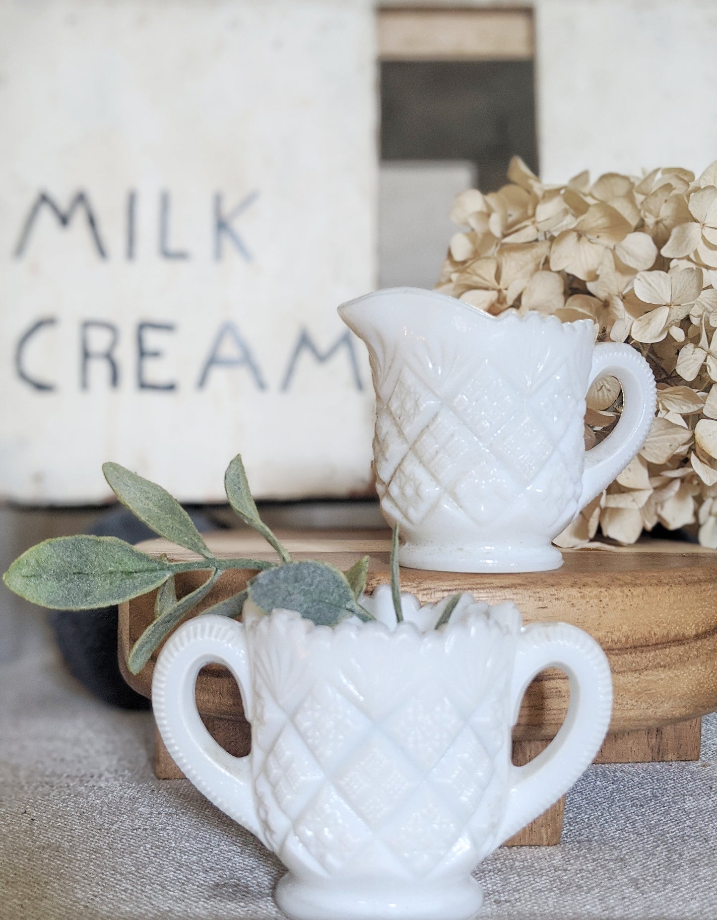 Vintage home decor milk glass creamer set