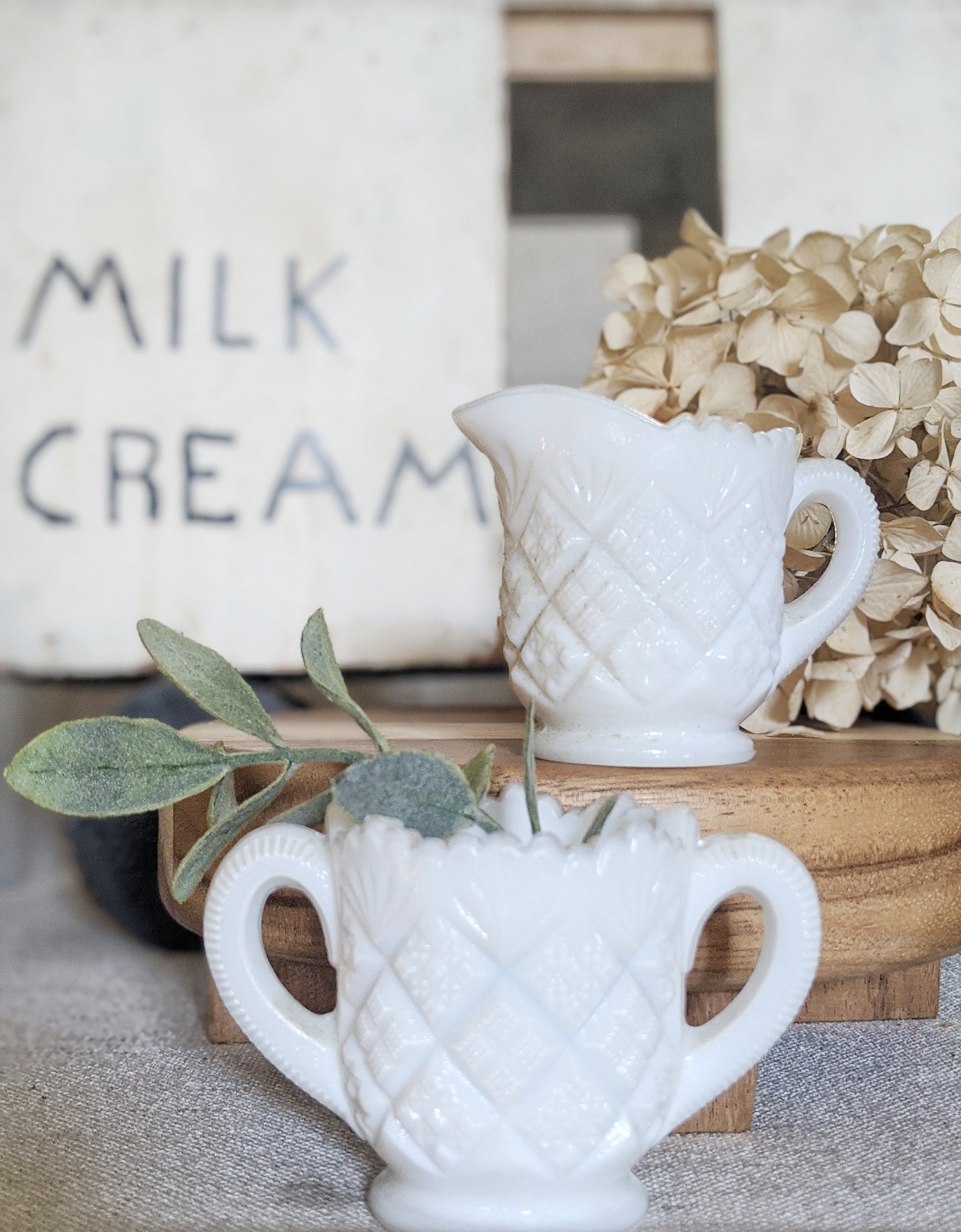 Vintage home decor milk glass creamer set