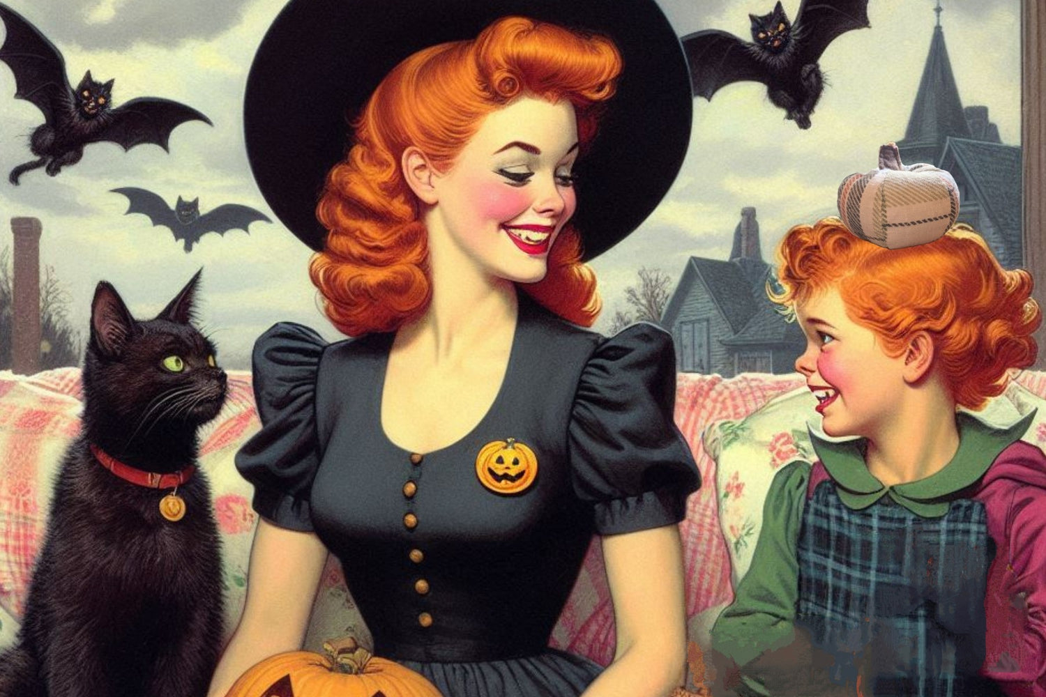 A redhead dressed as a witch for Halloween with her son with a fabric pumpkin on his head